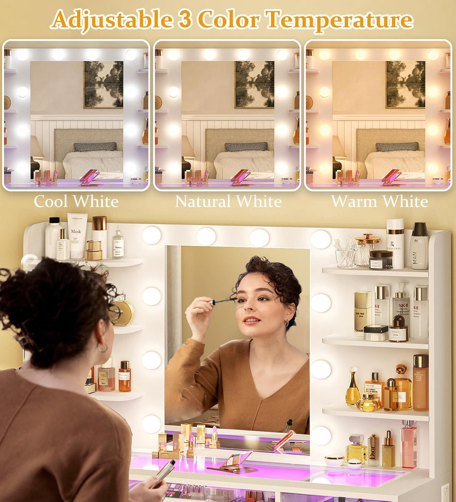 Vanity Desk, Makeup Vanity Desk with Mirror and Lights 3 Colors, Transparent Top with 3 RGB Drawers, 6 Shelves, 2