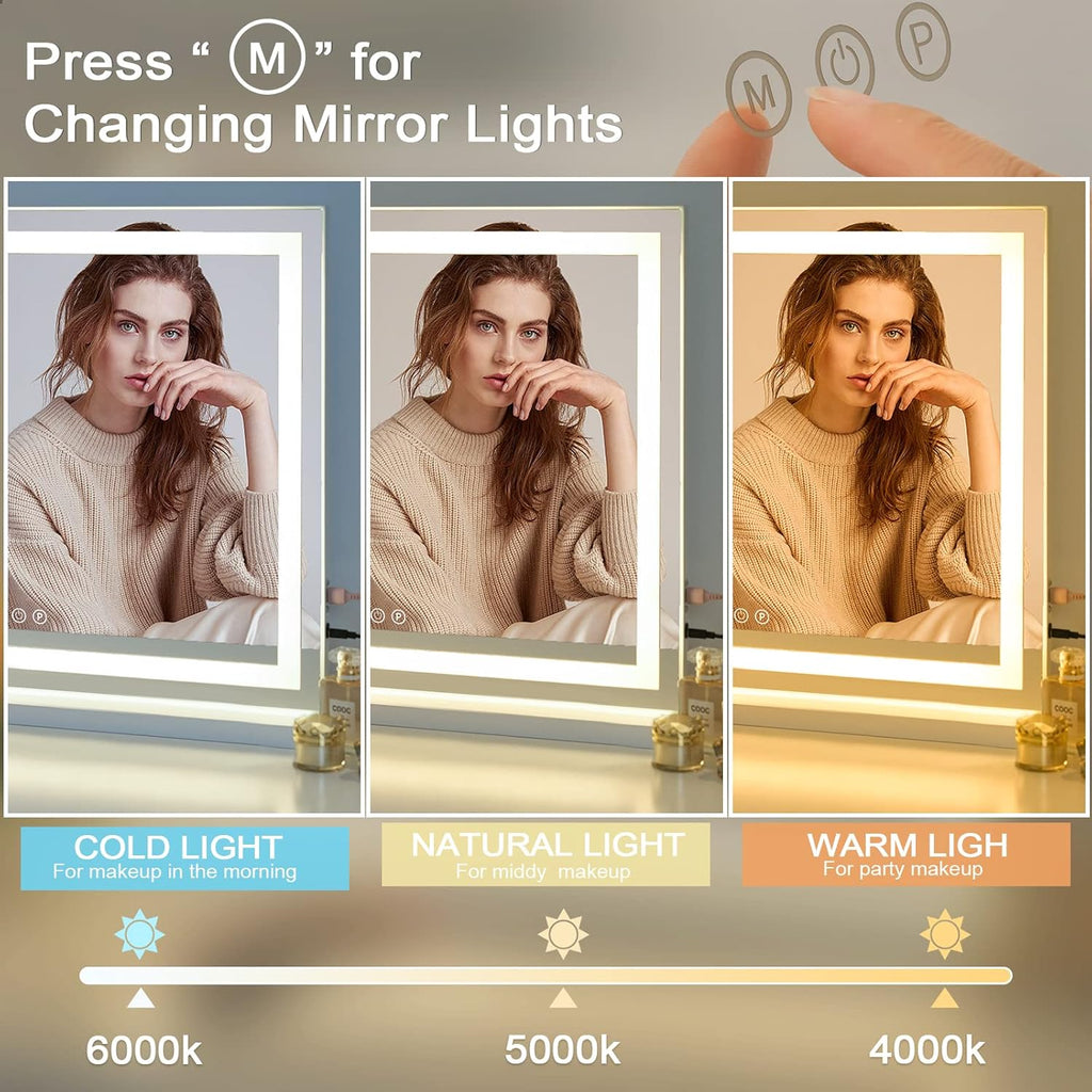 23" x 19" Vanity Mirror with Lights, Large Makeup Mirror with 3 Color Modes & Adjustable Brightness, Detachable 10x
