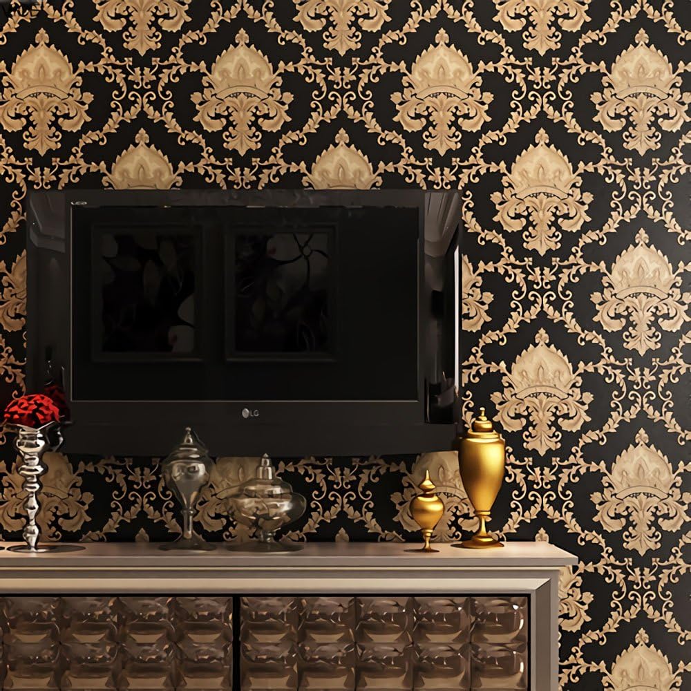 European Classic Black Damask Stereo Deep Embossed Wallpaper | Hotel TV Backdrop Wall