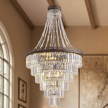 Foyer Vintage Crystal Chandelier, 6-Tier Antique Bronze Staircase French Empire Chandeliers for High Ceilings Entryway Foyer Lighting Fixtures, 28" W x 48" H