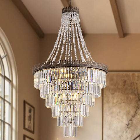 Foyer Vintage Crystal Chandelier, 6-Tier Antique Bronze Staircase French Empire Chandeliers for High Ceilings Entryway Foyer Lighting Fixtures, 28" W x 48" H A108-B0F1MDNYRZ