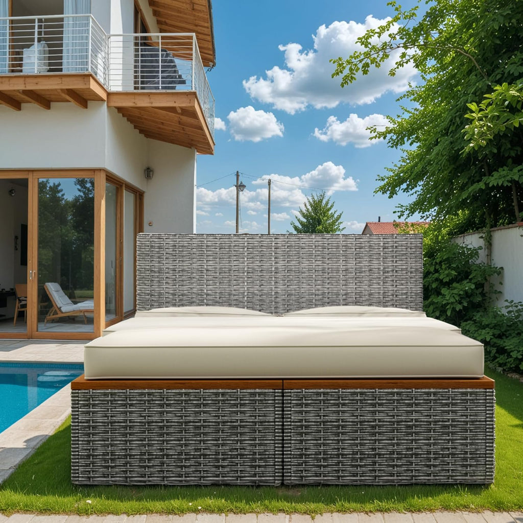 Outdoor Rattan Daybed with 2 Side Tables, Multifunctional Wicker Patio Sofa with Storage Ottoman, Cushions