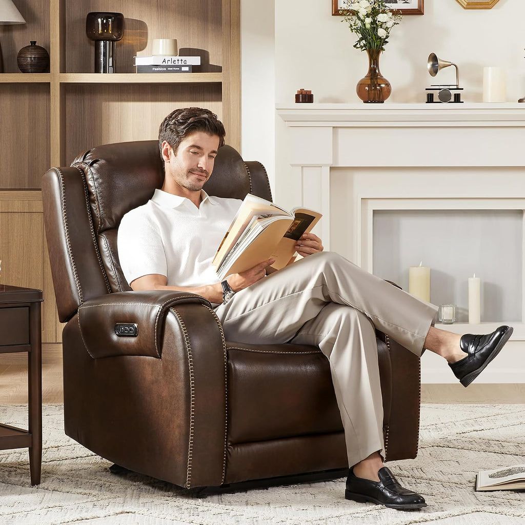 Genuine Leather Power Recliner Chair for Adults, Electric Wall Hugger Recliner with Adjustable Power Headrest &