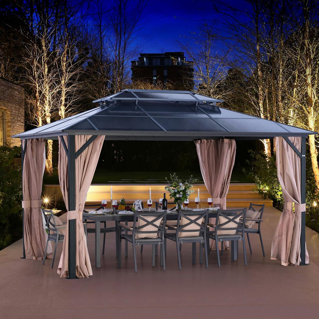 10' X 13' Permanent Hardtop Gazebo, Outdoor Polycarbonate Double Roof Canopy with Breathable Netting & Privacy Curtain