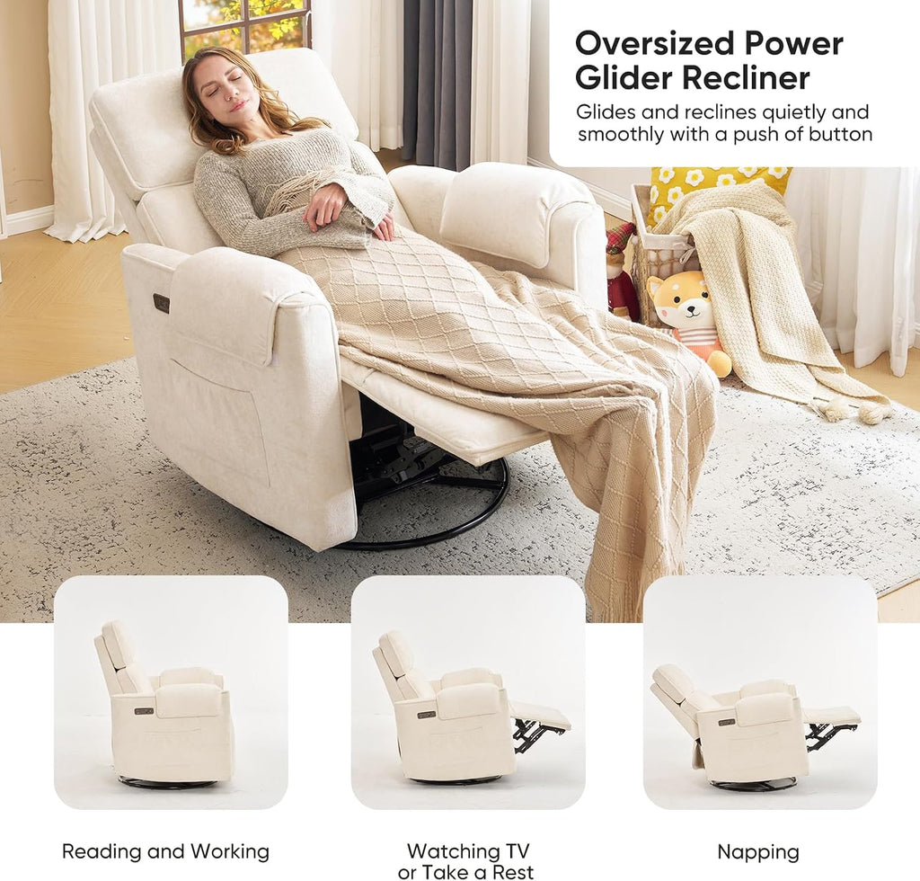 Oversized Power Rocker Recliner Chair, 24" Extra Wide Swivel Recliner with Adjustable Headrest, Chenille Glider
