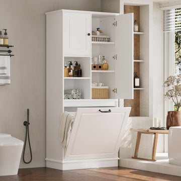 68" Tall Bathroom Storage Cabinet with Two Doors and Tilt-Out Laundry Hamper Display Organizer, Adjustable Shelf