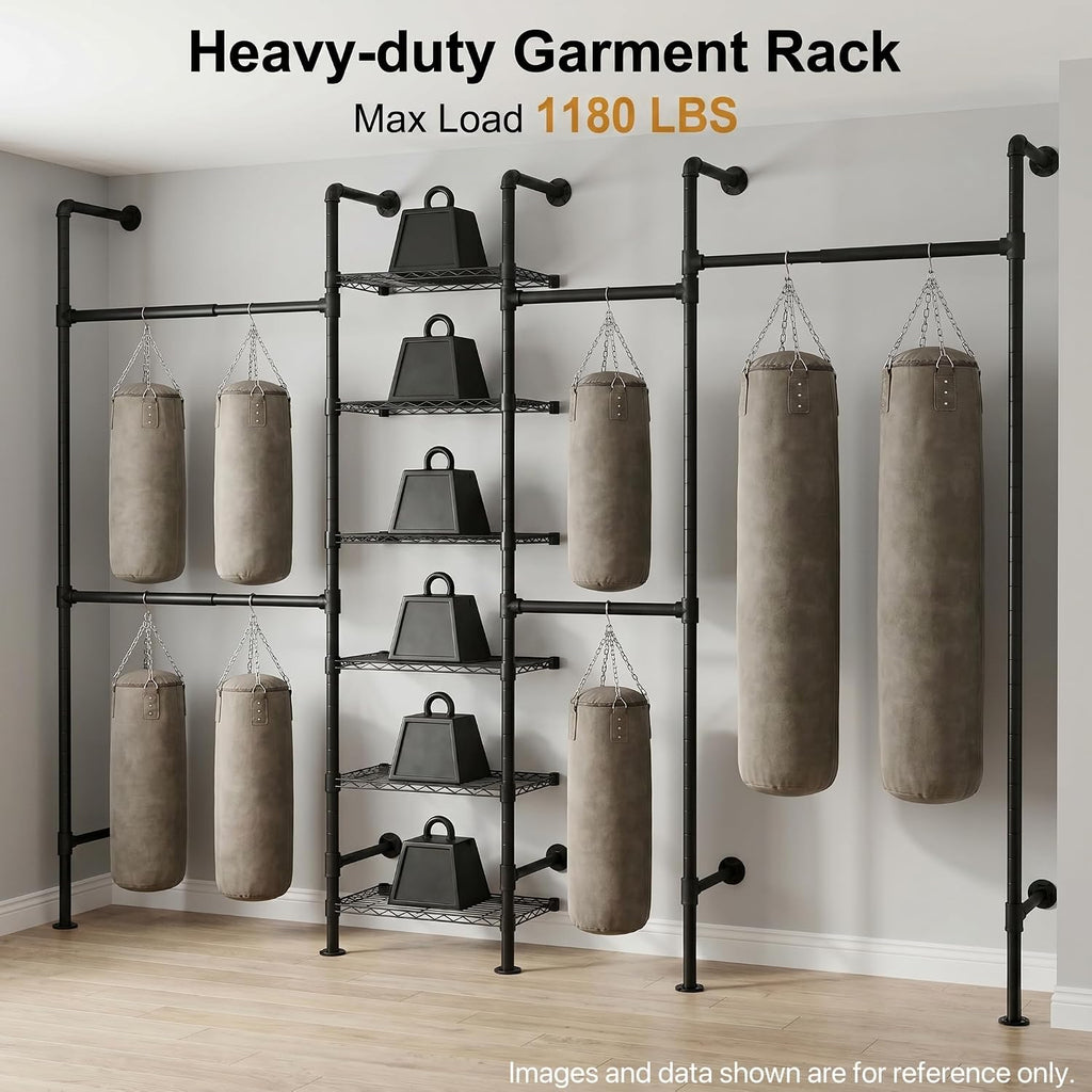 F4 Wall Mounted Closet System, Industrial Pipe Clothing Rack for Hanging Clothes, Heavy Duty Closet Organizer System