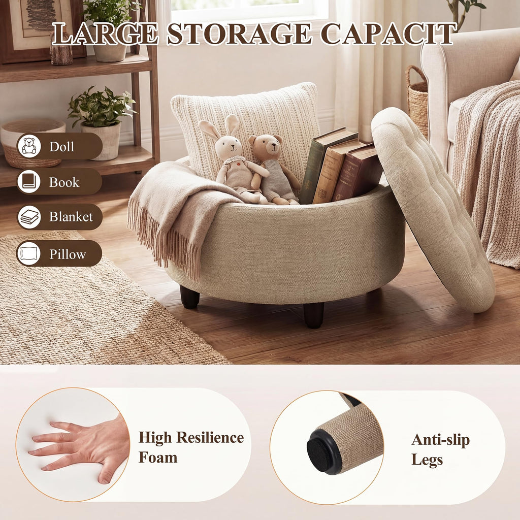 Fabric Round Storage Ottoman with Reversible Tray Lid(Camel)