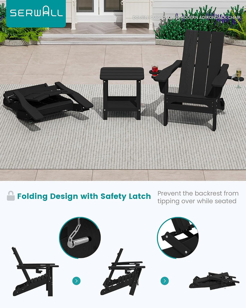 Modern Folding Adirondack Chairs Set of 2, HDPE, Cup Holders, Black | Outdoor All-Weather Lawn Adirondack Chairs Wood