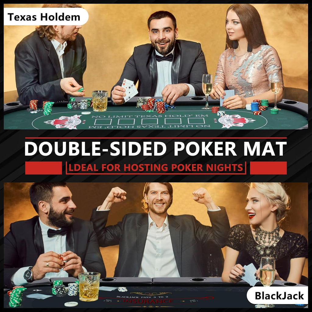 4-in-1 Poker Table Foldable, 8 Player Folding Poker Table w/Interchangeable Texas Holdem/Blackjack Game Mat & Built-in Chess/Backgammon Board, Portable Game Table for Home Party（72inch