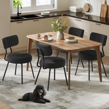 Boucle Dining Chairs Set of 4, Upholstered Kitchen Dining Room Chairs with Curved Backrest and Steel Frame, Modern
