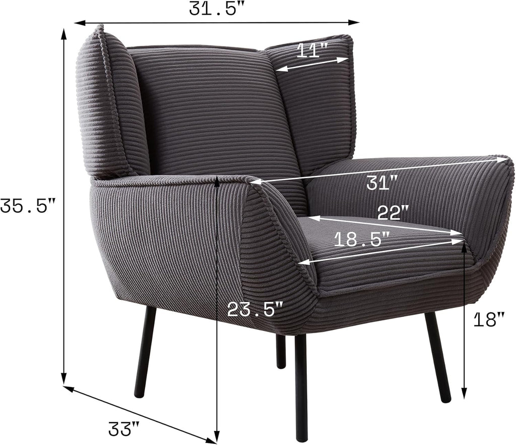 Corduroy Wingback Accent Chair, High Back Armchair with Deep Seat, Gray | Classic Wingback Style, 32D High-Resilience