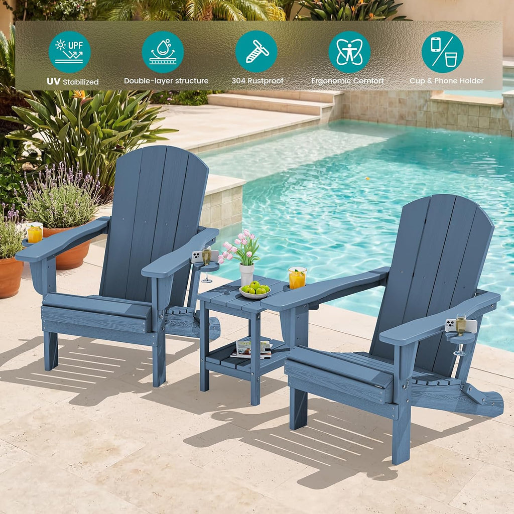 Outdoor Adirondack Chairs Set of 2 with 2 Cup Holders,Foldable,Blue | HDPE Composite,Waterproof,Wood Grain,Cup &