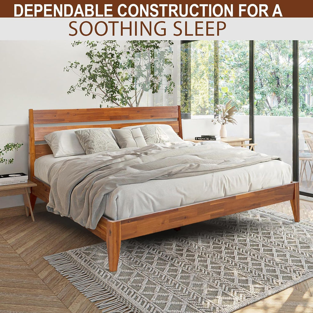 Acacia Emery Bed Frame with Headboard Solid Wood Platform Bed, Queen Bed Frame, Mid - Century Modern Wood Bed