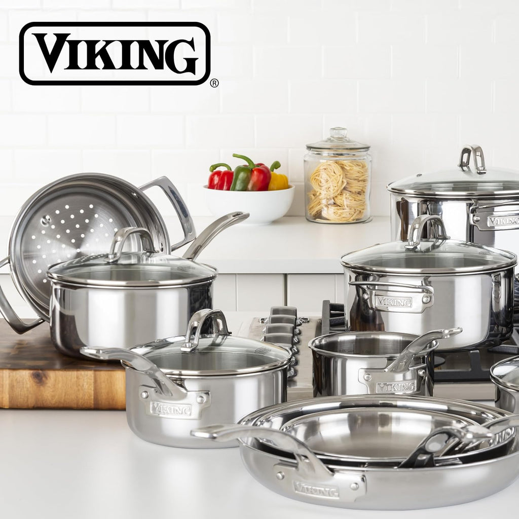 3-Ply Pots and Pans Set, 17 Piece Stainless Steel Cookware Glass Lids, Steamer Insert, Silver