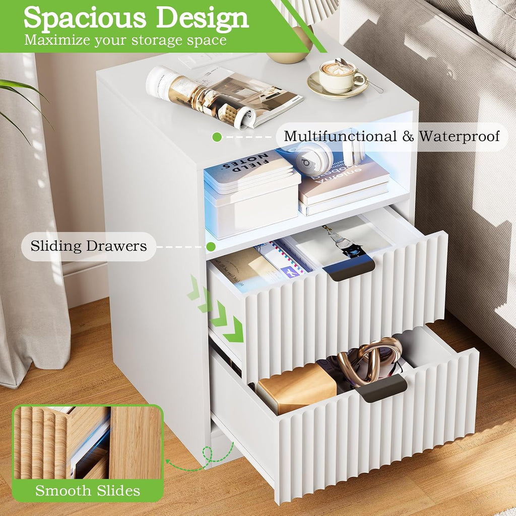 White Night Stand Set 2, LED Nightstand with Charging Station, Fluted Nightstands Set of 2 with 2 Drawers, Wood Side