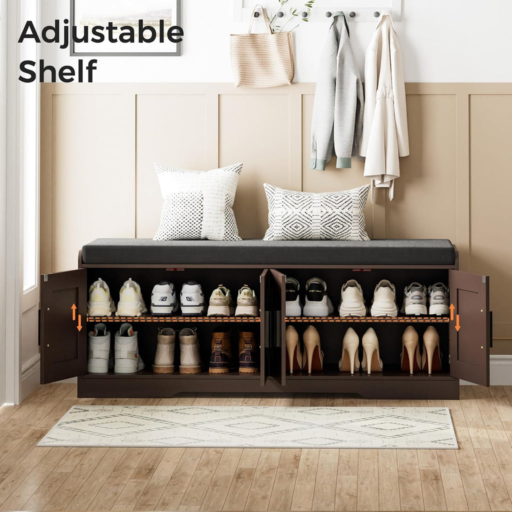 2-Tier Storage Bench, Shoe Bench with Thickened Padded Seat Cushion, Entryway Bench with 4 Doors, Adjustable Shelf