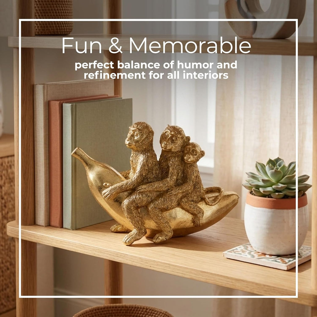 Hand Painted Three Monkeys on Banana Figurine Decor - Animal Sculpture , & Living Room Accent - Playful Ornaments for