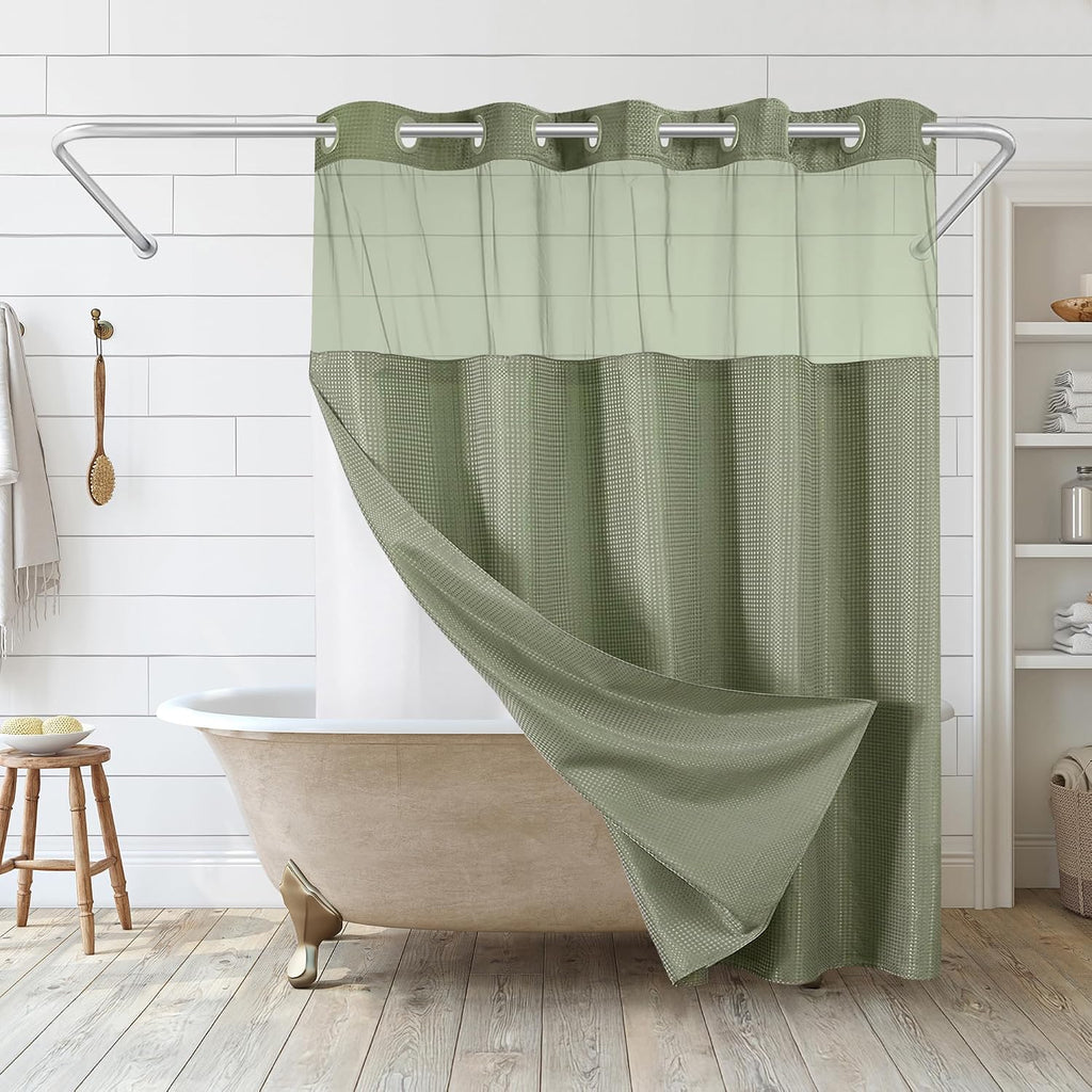 72x75 Hookless Waffle Pattern Shower Curtain - Water-Resistant Long Shower Curtain with Sheer Panel, Snap-in Liner