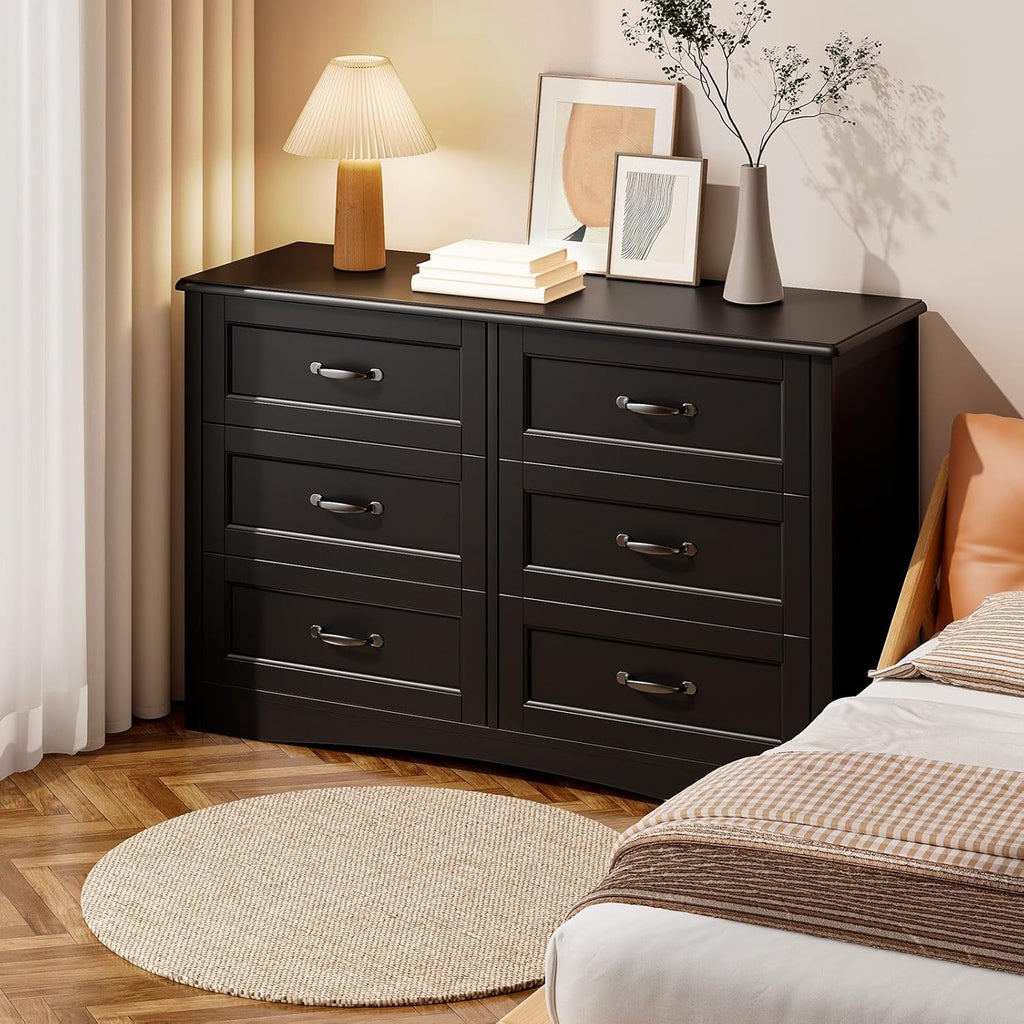 6 Drawer Dresser ,47'' Larger Chest of Drawers with Mental Handle for Kids Room, Black Dresser with 6 Storage Drawers