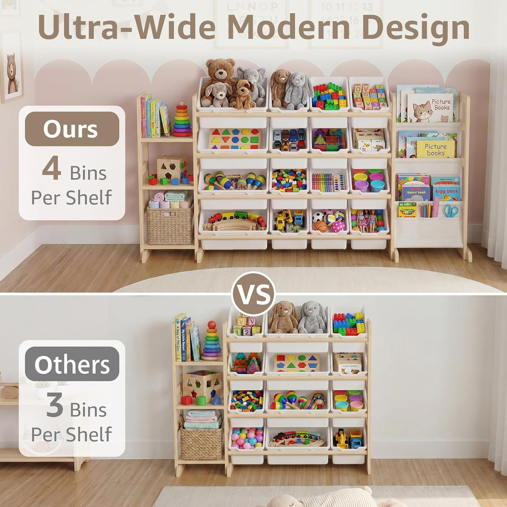 Large Toy Storage Organizer with Bookshelf - 3 Shelves and 12 Bins Kids Solid Pine Wood Toy Organizer with 3 Tier