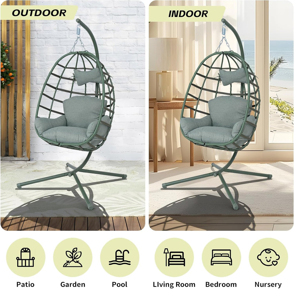 Hanging Egg Chair with Stand Outdoor Indoor Patio Rattan Swing Hammock Chairs with Washable Cushion 350lbs Capacity