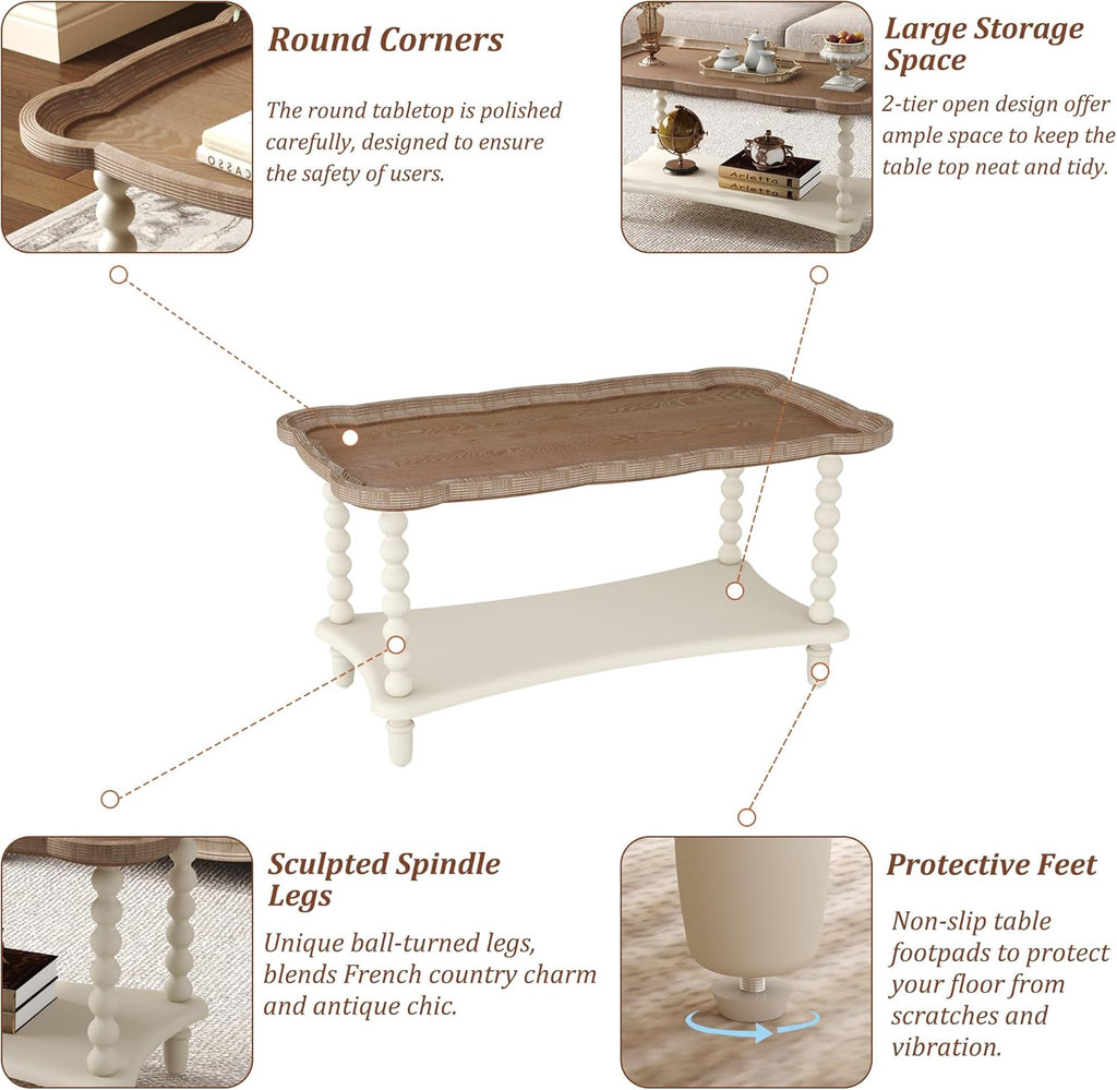 Farmhouse Coffee Table, Rustic White French Country Center Table with Storage Shelf, Wood Coffee Tables Dining Room