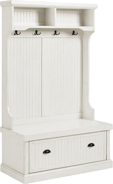 Seaside Hall Tree with Shoe Rack Bench and Coat Hooks for Hanging Storage, Distressed White