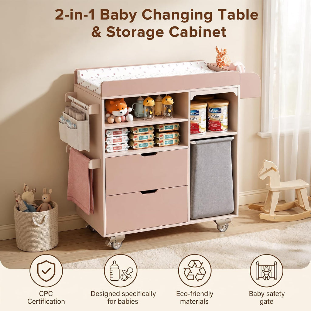 Baby Changing Table, Solid Wood, Drawers & Storage, Rolling, Waterproof Pad | Solid wood frame for durability