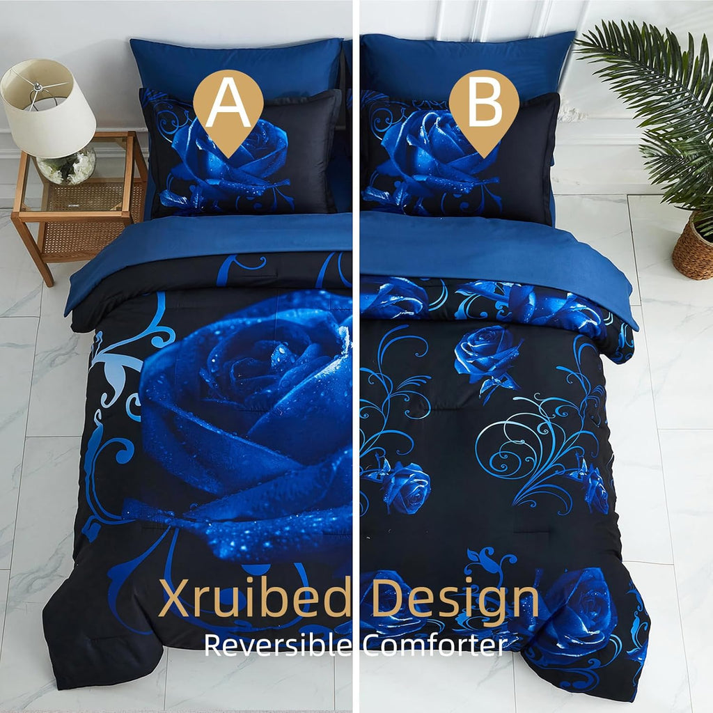 Blue Comforter Set 7 Piece Bed in a Bag Blue Rose Comforter with Sheet Set Soft Micorfiber Reversible