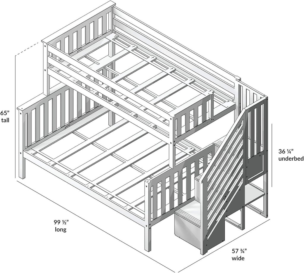 Bunk Bed, Twin-Over-Full Bed Frame For Kids With Stairs, White