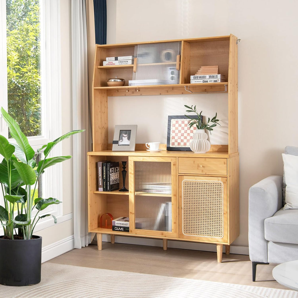 69" Kitchen Pantry Cabinet, Bamboo Hutch Storage Cabinet w/Storage