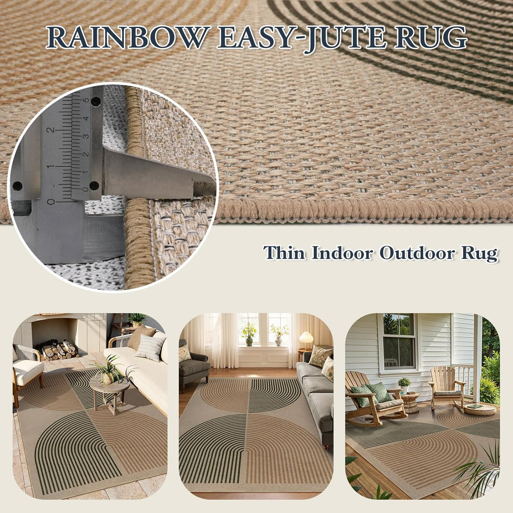 Modern Rainbow Easy Jute Rug, Washable 5x7 Area Rugs Black Farmhouse Dining Room Rug, Contemporary Natural Throw Mat
