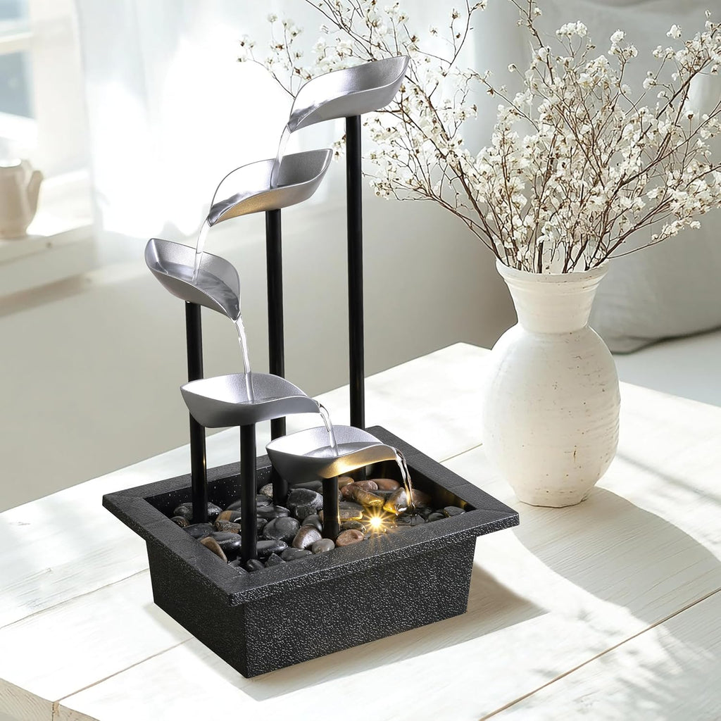 Tabletop Water Fountain, Modern Indoor Waterfall Feature with LED Light, Soothing Zen Desktop Fountain Bedroom