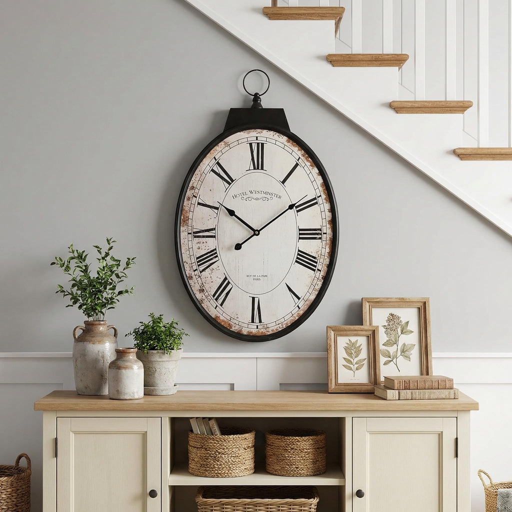 Large Oval Wall Clock 25 Inch, Antique Distressed White Decorative Clock with Metal Frame & Arabic Numerals, Vintage