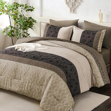 Boho Comforter Set Light Brown,7 Piece Bed in a Bag Warm Striped Bedding Sets with Plaid Fall