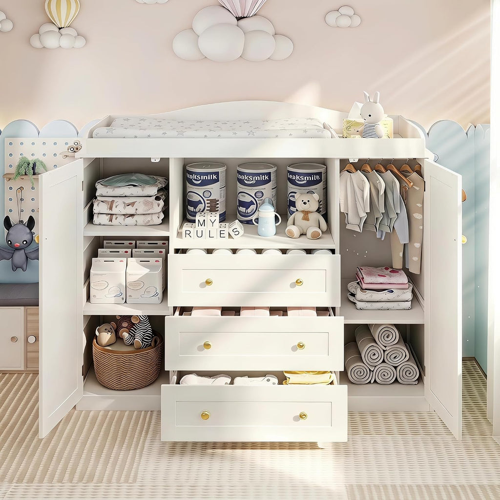 White Changing Table Baby Dresser with Changing Table Top,47'' Wide Kids Nursery Dresser with
