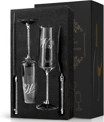 Wedding Cake Knife and Server Set, Mr and Champagne Flutes with Wedding Cake Cutting Set for Bride and Groom Toasting