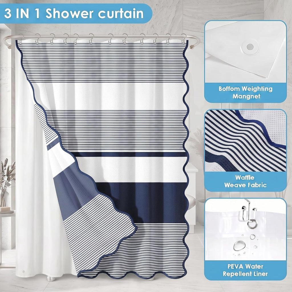Scalloped Shower Curtain with PEVA Liner Set, Striped Navy Geometric Modern 3 in 1 Heavy Duty Waffle Weave Waterproof
