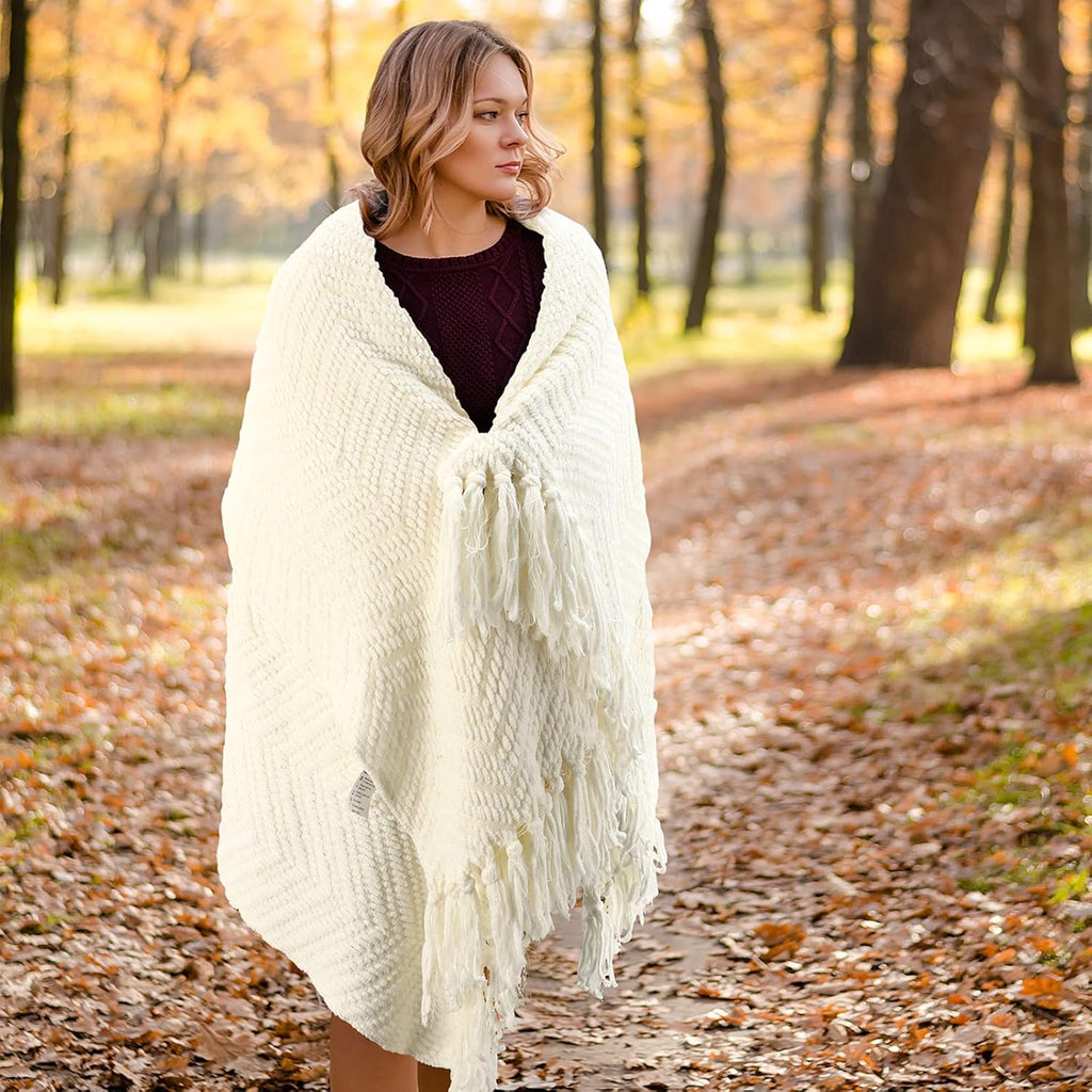 Warm Tassel Knit Blanket Throw Size, Cream Thick Knitted Armchair Office Chair Throw Blankets, Winter Chunky