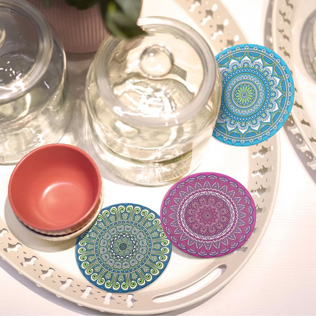Mandala Coasters for Drinks with Holder Set of 6, Boho Mandala Ceramic Coaster Absorbent for Cup Office Desk Table