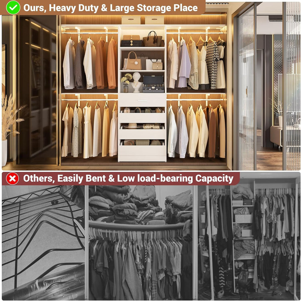 Closet System with 4 Drawers, 8FT Wood Closet Organizer System, 96'' Closets Built In System Tower with Shelves