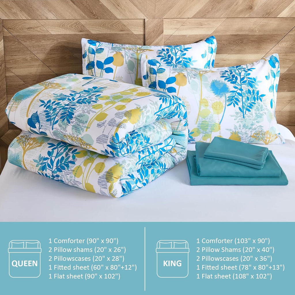 7Pieces King Comforter Set, Blue Yellow Botanical Bed in a Bag Complete Set with Sheet Pillowcase All Season