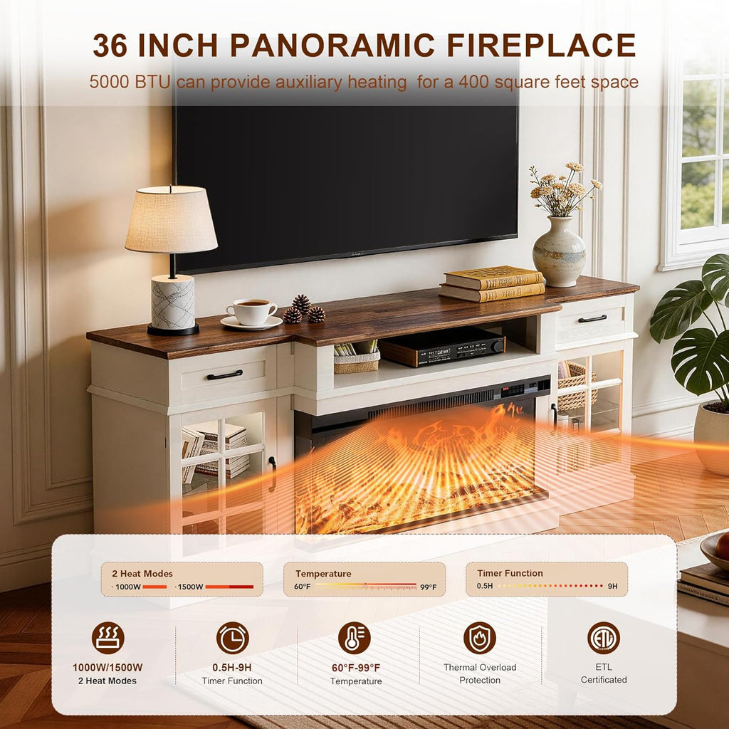 70" Fireplace TV Stand, 3-Sided Glass Fireplace and Modern Entertainment Center, Wooden Media Console with Glass