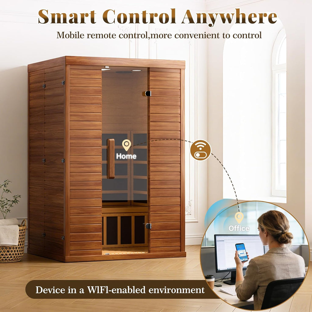 2 Person Infrared Sauna for Home, Smart App Control Home Sauna with WiFi & Bluetooth, Low EMF 1500W/120V LCD Heater