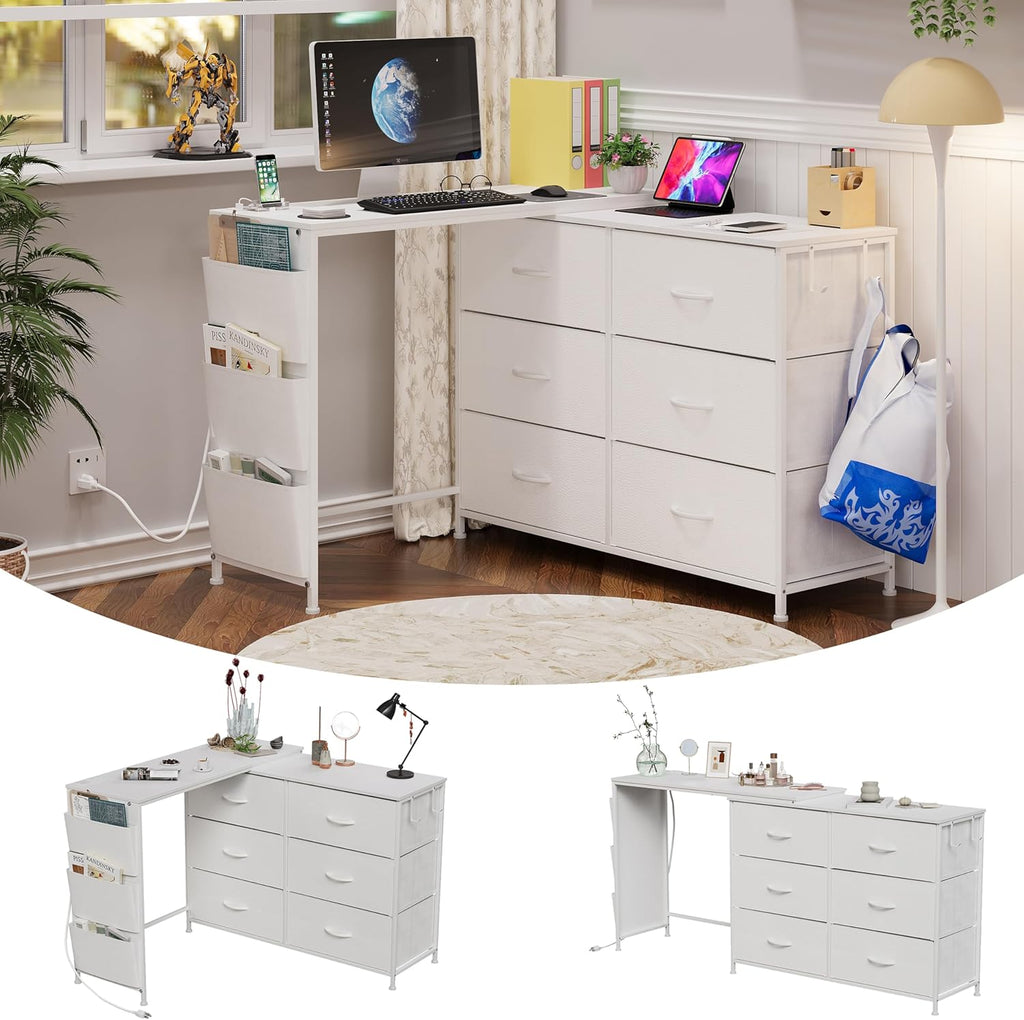 Modern Corner Vanity Desk with 6 Fabric Drawers Power Outlet Side Pocket L Shaped Drawers Makeup Desk Dressing Table