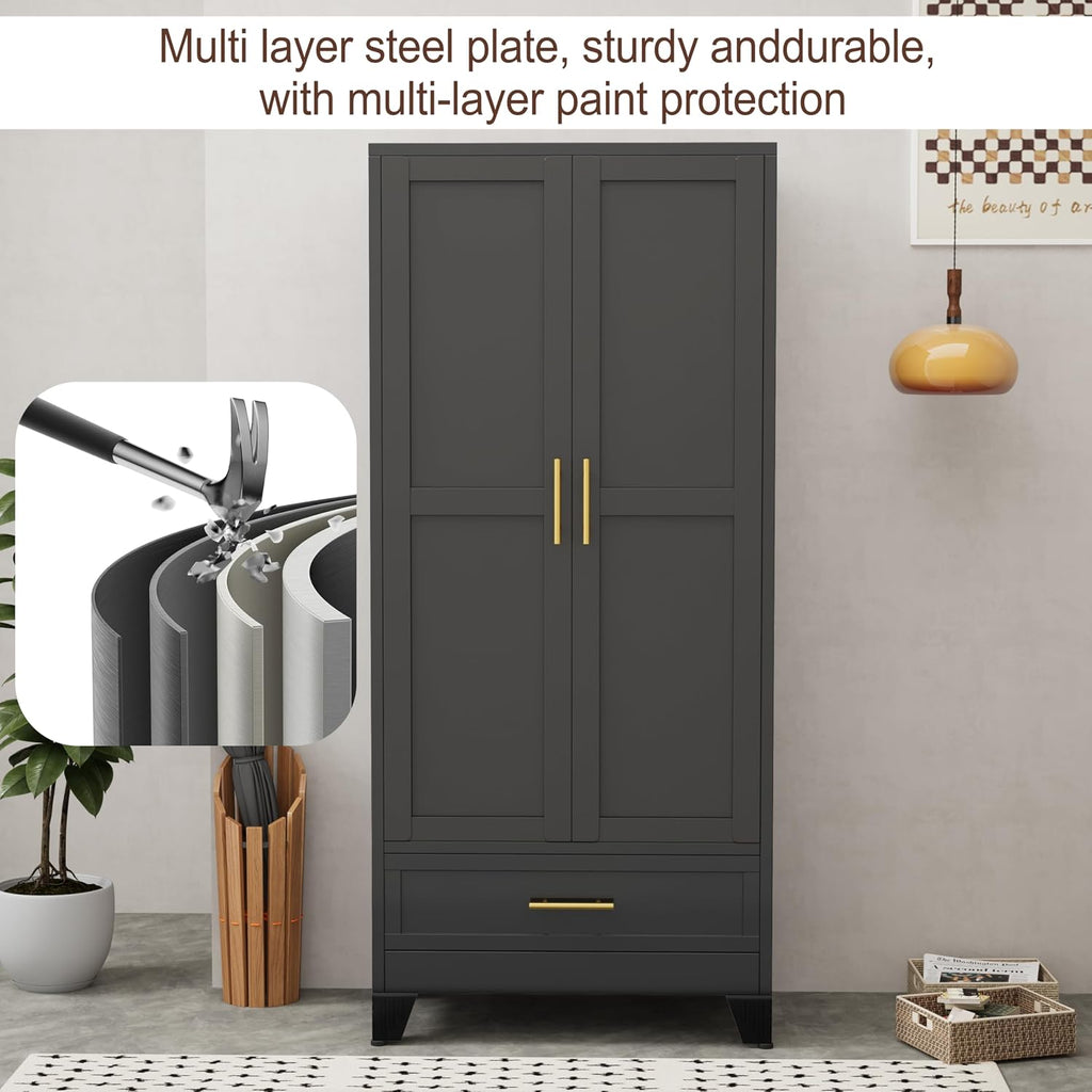 71"H Metal Tall Armoire Wardrobe Closet with Drawer,Household Steel Wardrobe Closet Cabinet with Drawers,Clothing