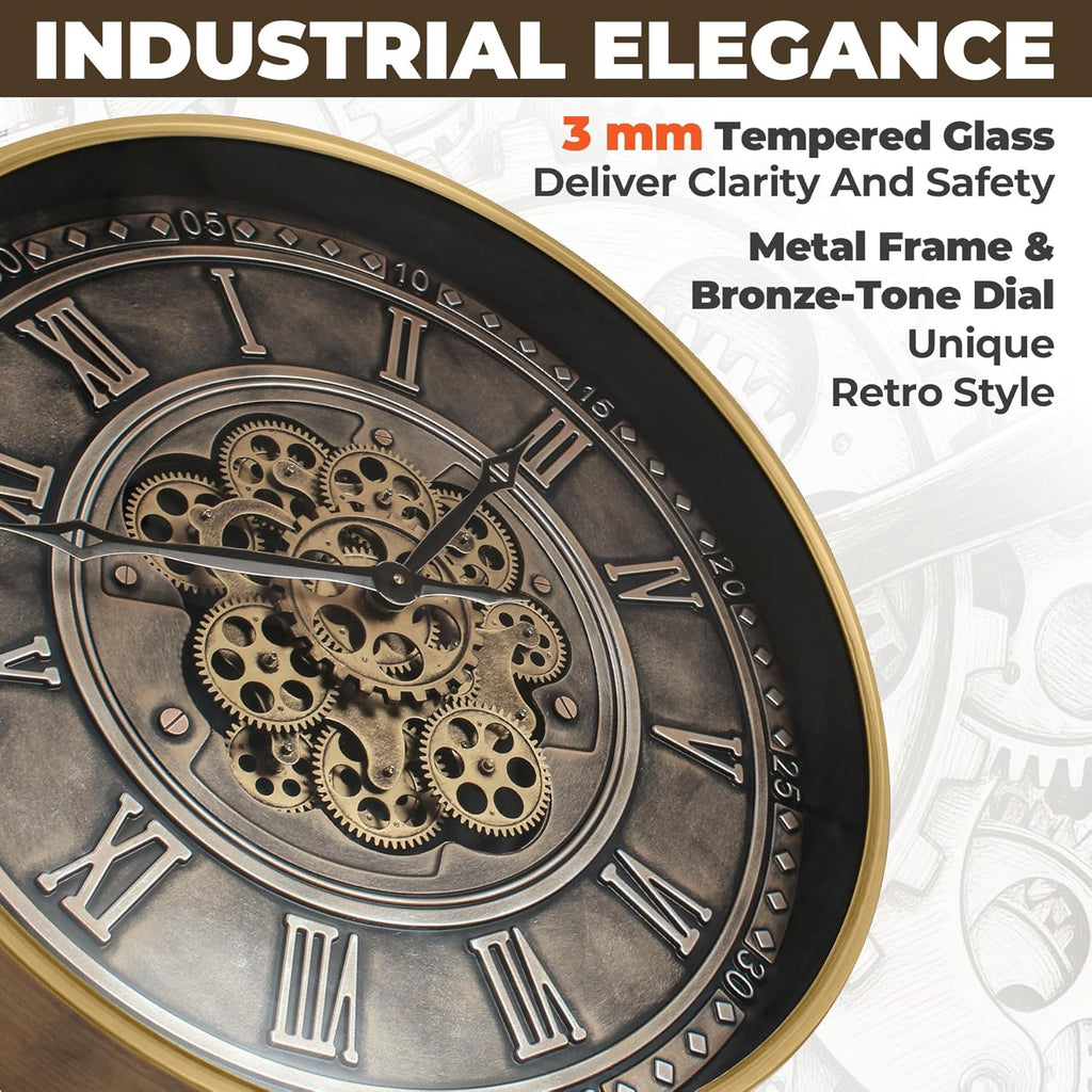 24 Inch Antique Bronze Industrial Steampunk Wall Clock with Real Moving Gears, Metal Oversized Gear Clock with Tempered Glass, Silent...