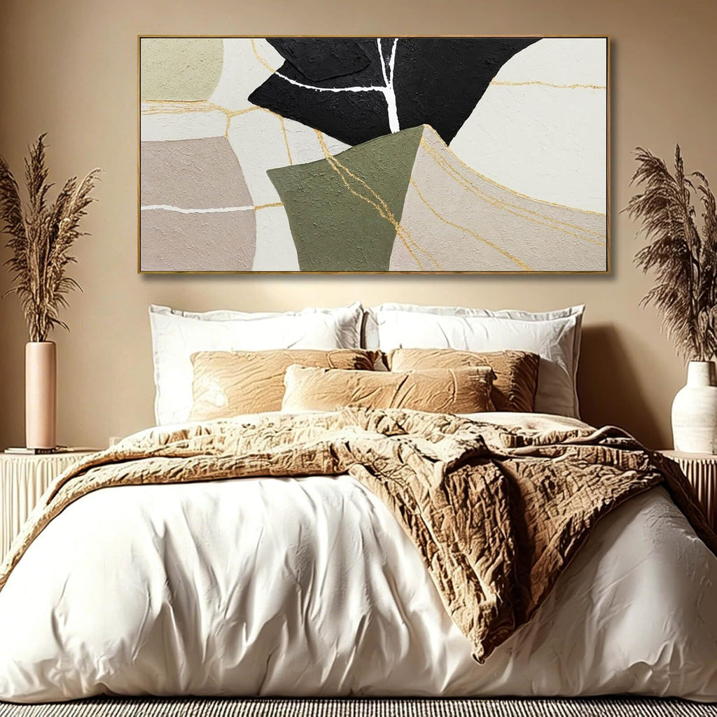 Framed Canvas Paintings Wall Art Textured Black Beige And Green Minimalist Irregular Modern Art Wall Decor Pictures