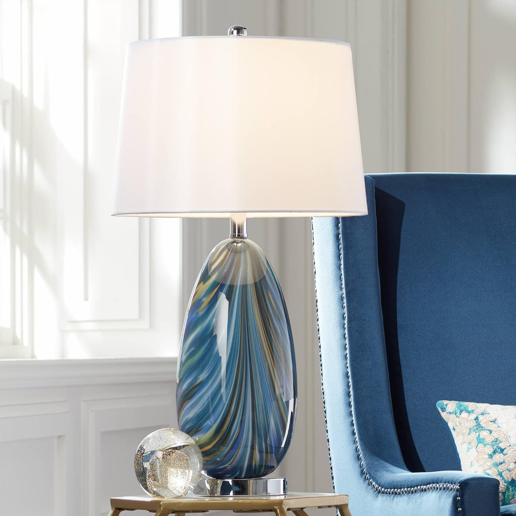 Euro Design Pablo Modern Table Lamp 27" Tall Swirling Multi Color Blue Hand Blown Art Glass Metal White Tapered Drum